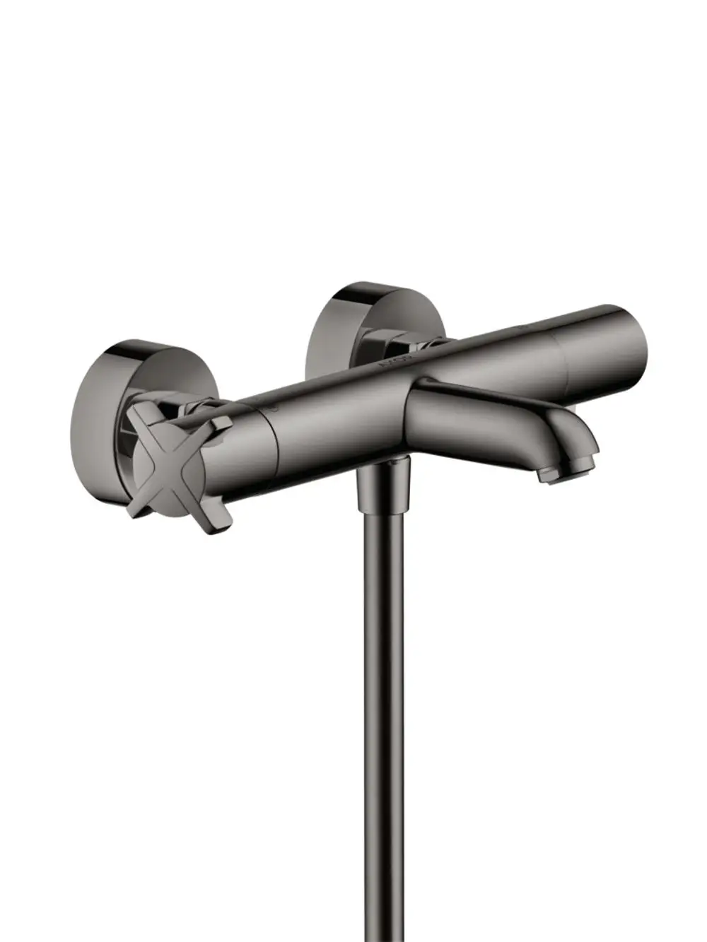 Wannenthermostat in mattschwarzem Chrom, wandmontiert, von AXOR. Es zeigt eine einfache, funktionale Form mit einem Wasserhahn und Steuerknopf.